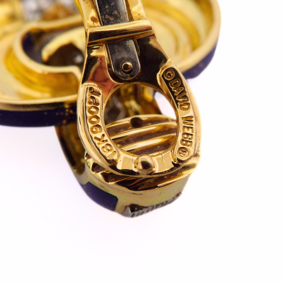 David Webb 18K Blue Enamel Diamond Doorknocker Earclip Earrings