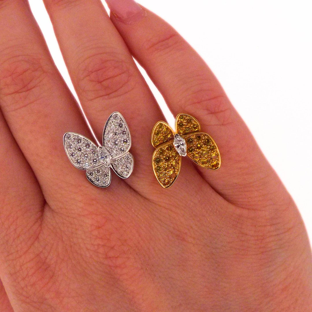 Van Cleef & Arpels 18K Diamond Sapphire Two Butterfly Ring SZ 49