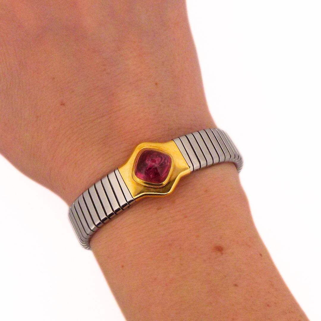 Bulgari 18K Steel Pink Tourmaline Bangle Bracelet