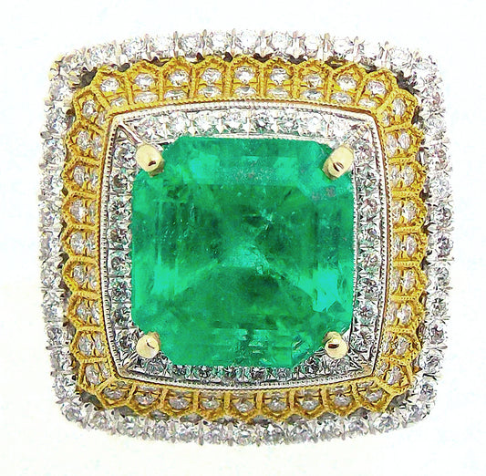 Cocktail Vintage 18K 750 White Yellow Gold Emerald Diamond Ring