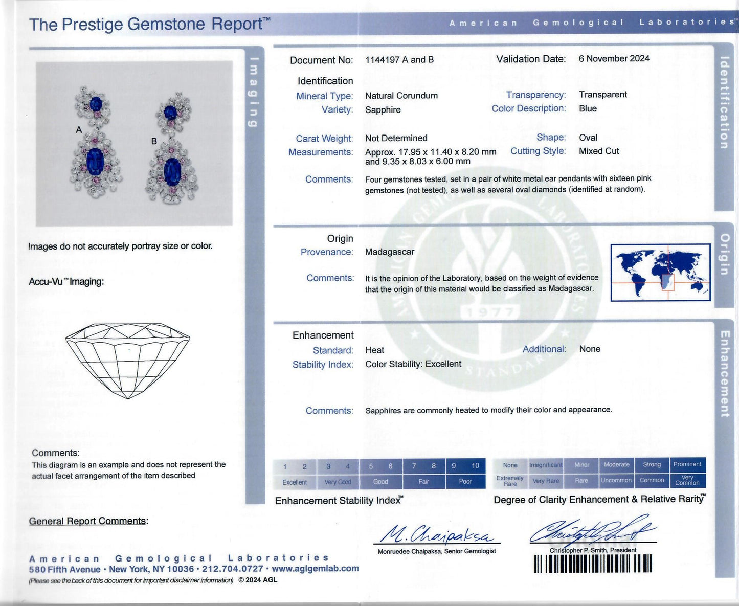 AGL Madagascar Sapphire Diamond Platinum Pendant Earrings