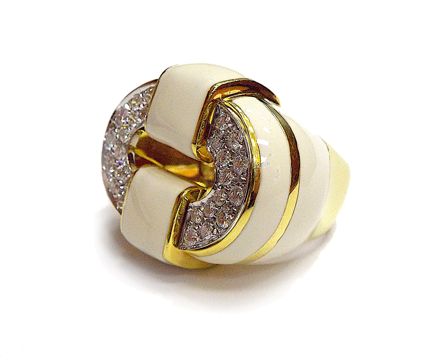 David Webb 18K Yellow Gold White Enamel Diamond Cocktail Ring