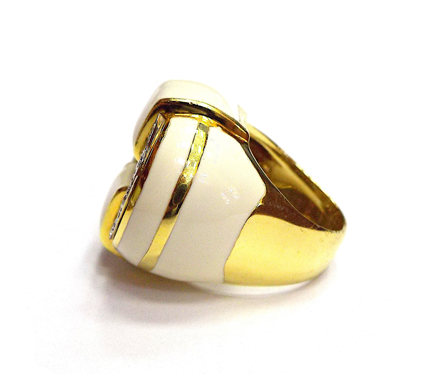 David Webb 18K Yellow Gold White Enamel Diamond Cocktail Ring