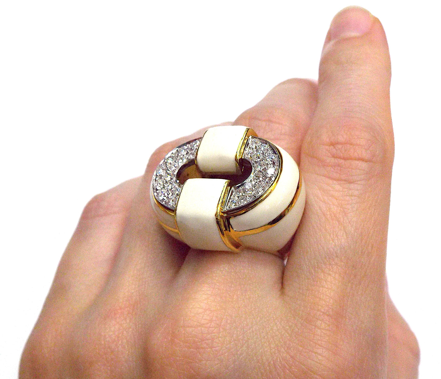 David Webb 18K Yellow Gold White Enamel Diamond Cocktail Ring