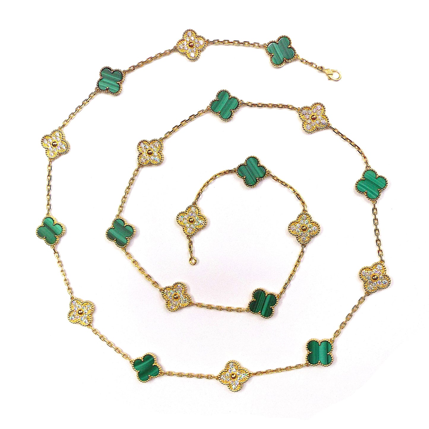 Van Cleef & Arpels Vintage Alhambra Gold Diamond Malachite Necklace, 20 Motifs