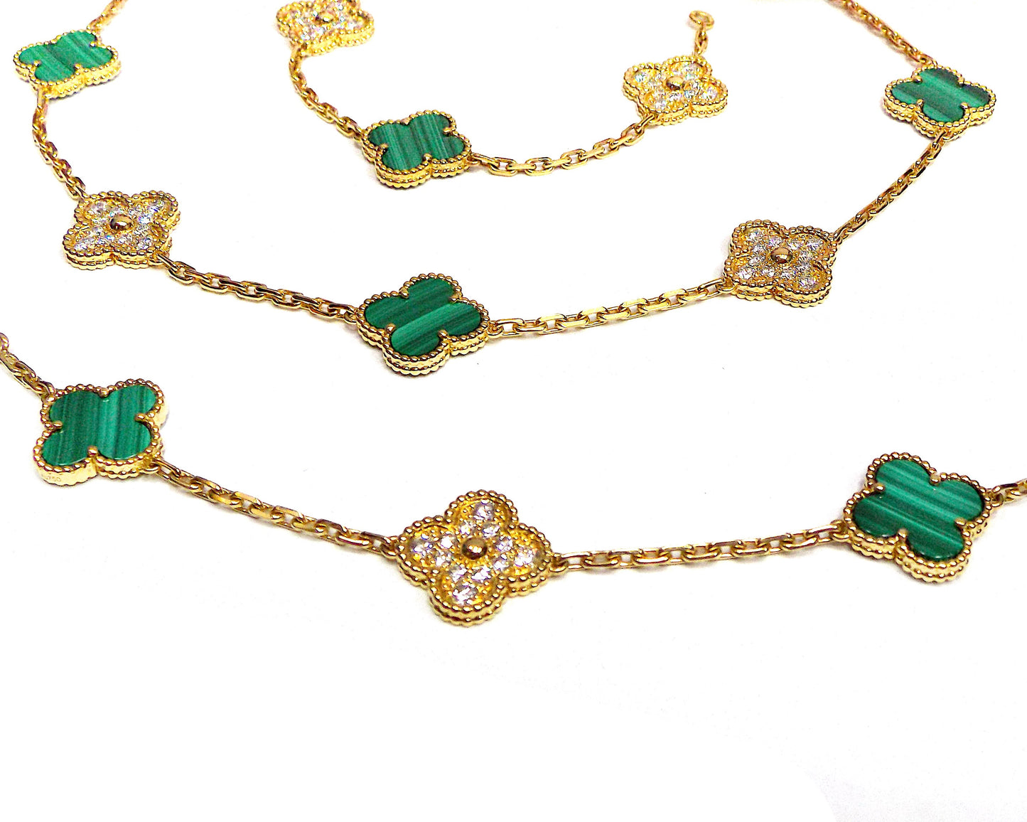 Van Cleef & Arpels Vintage Alhambra Gold Diamond Malachite Necklace, 20 Motifs