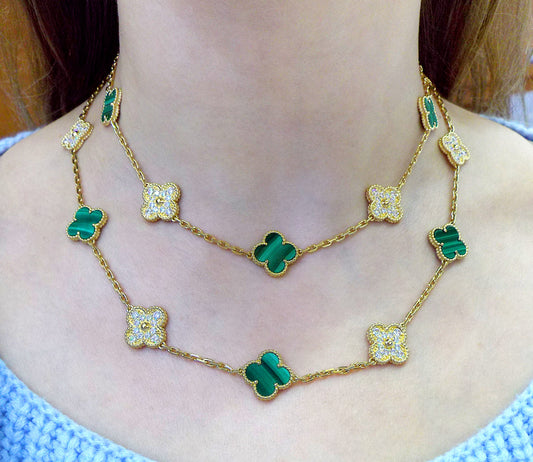 Van Cleef & Arpels Vintage Alhambra Gold Diamond Malachite Necklace, 20 Motifs