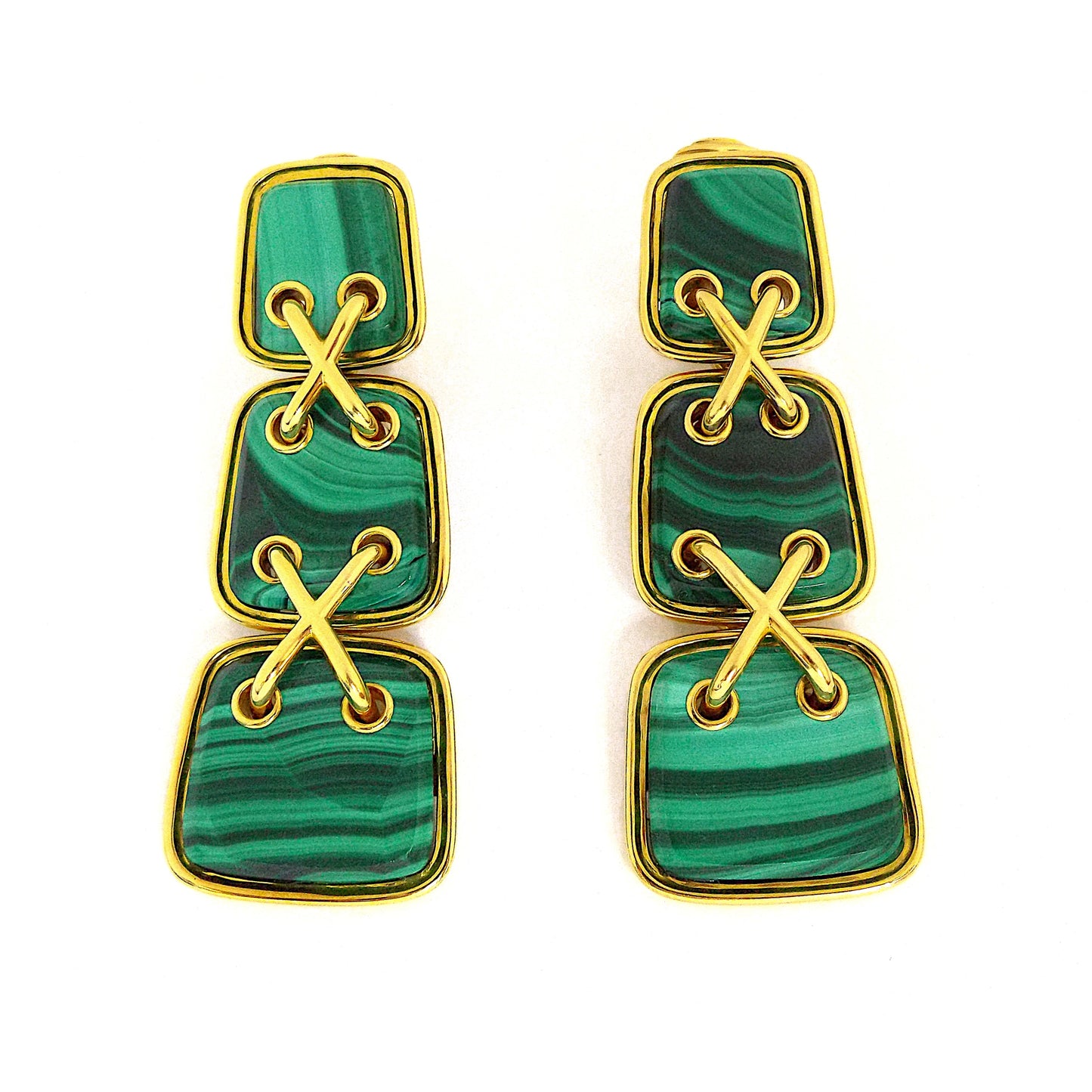 David Webb 18K Yellow Gold Malachite Stitched Earrings