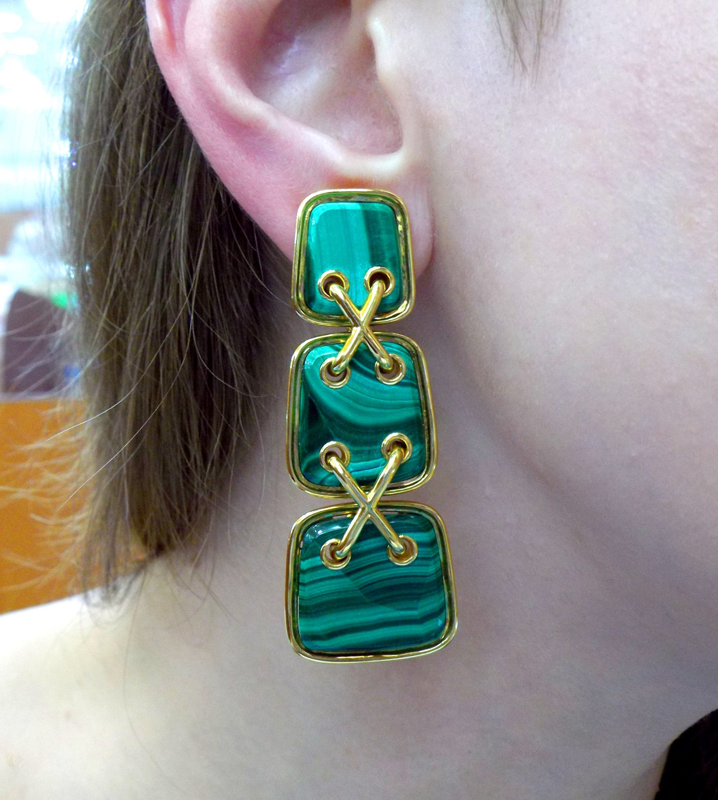 David Webb 18K Yellow Gold Malachite Stitched Earrings