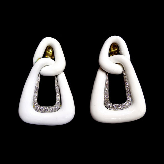 David Webb White Enamel 18K Gold Diamond Earclips