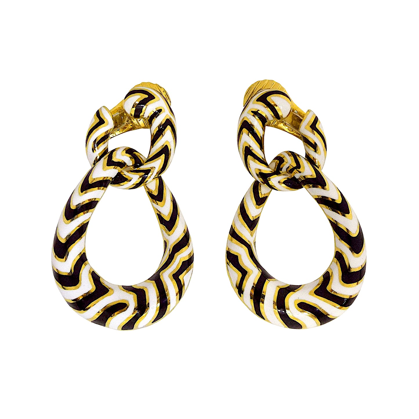 David Webb Zebra Stripe 18K Gold Enamel Double Hoop Earrings