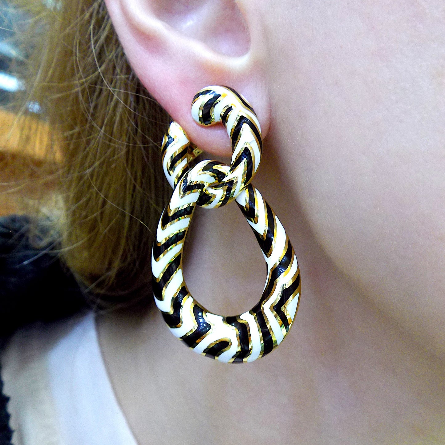 David Webb Zebra Stripe 18K Gold Enamel Double Hoop Earrings