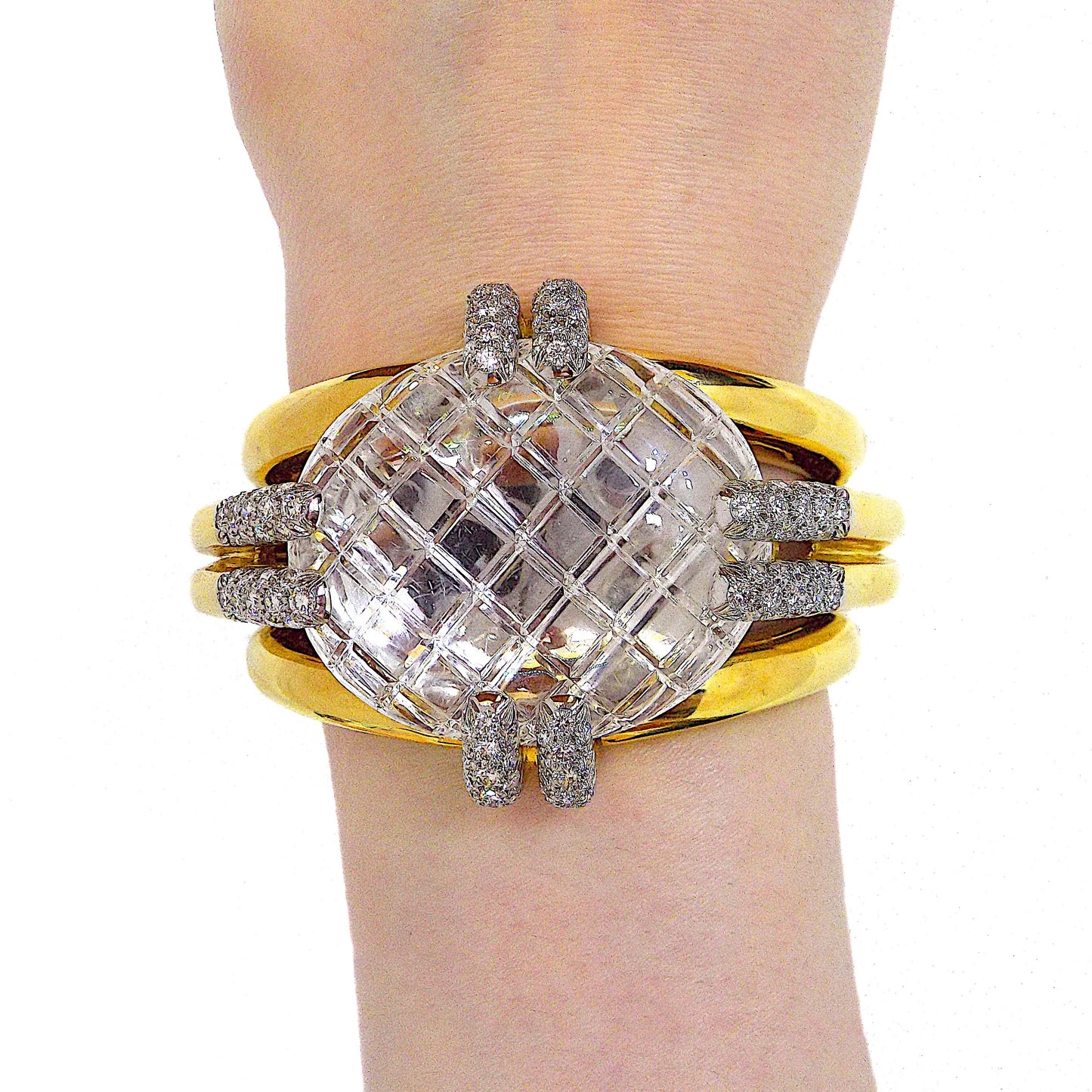 David Webb Carved Rock Crystal Diamond Cuff Bracelet