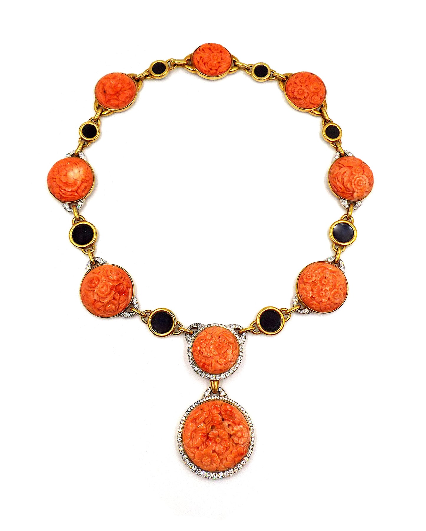 David Webb 18K Gold Carved Coral Onyx Diamond Necklace