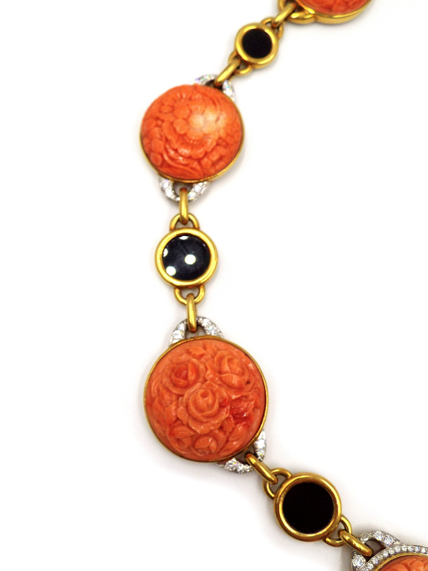 David Webb 18K Gold Carved Coral Onyx Diamond Necklace