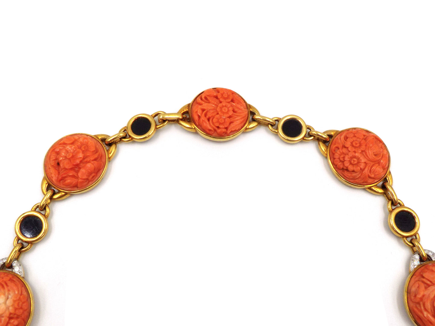 David Webb 18K Gold Carved Coral Onyx Diamond Necklace