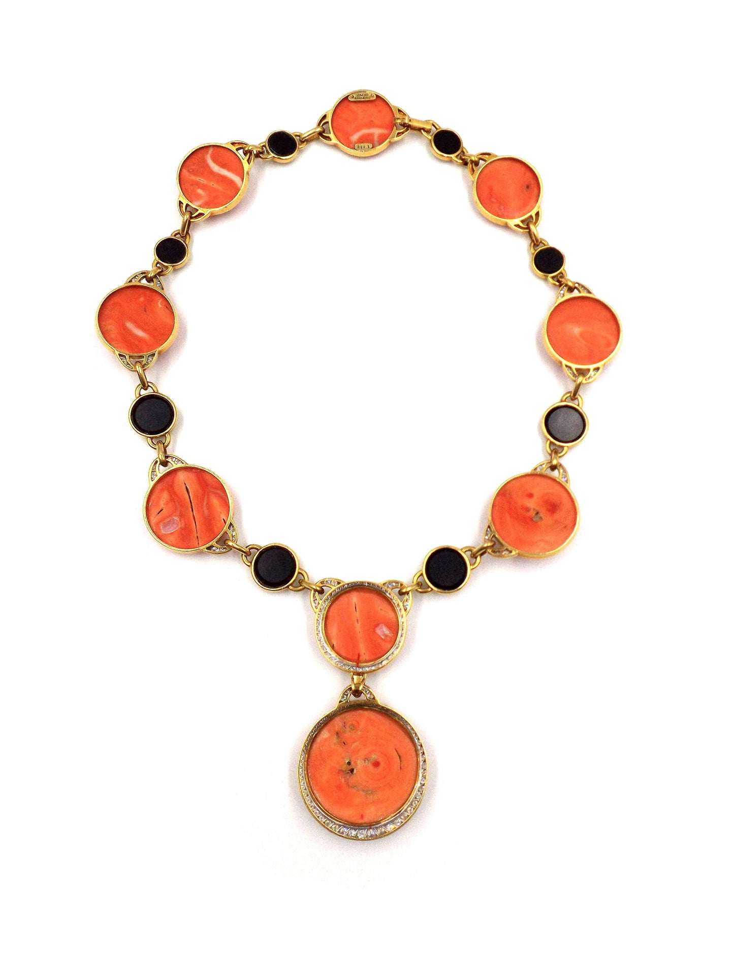 David Webb 18K Gold Carved Coral Onyx Diamond Necklace