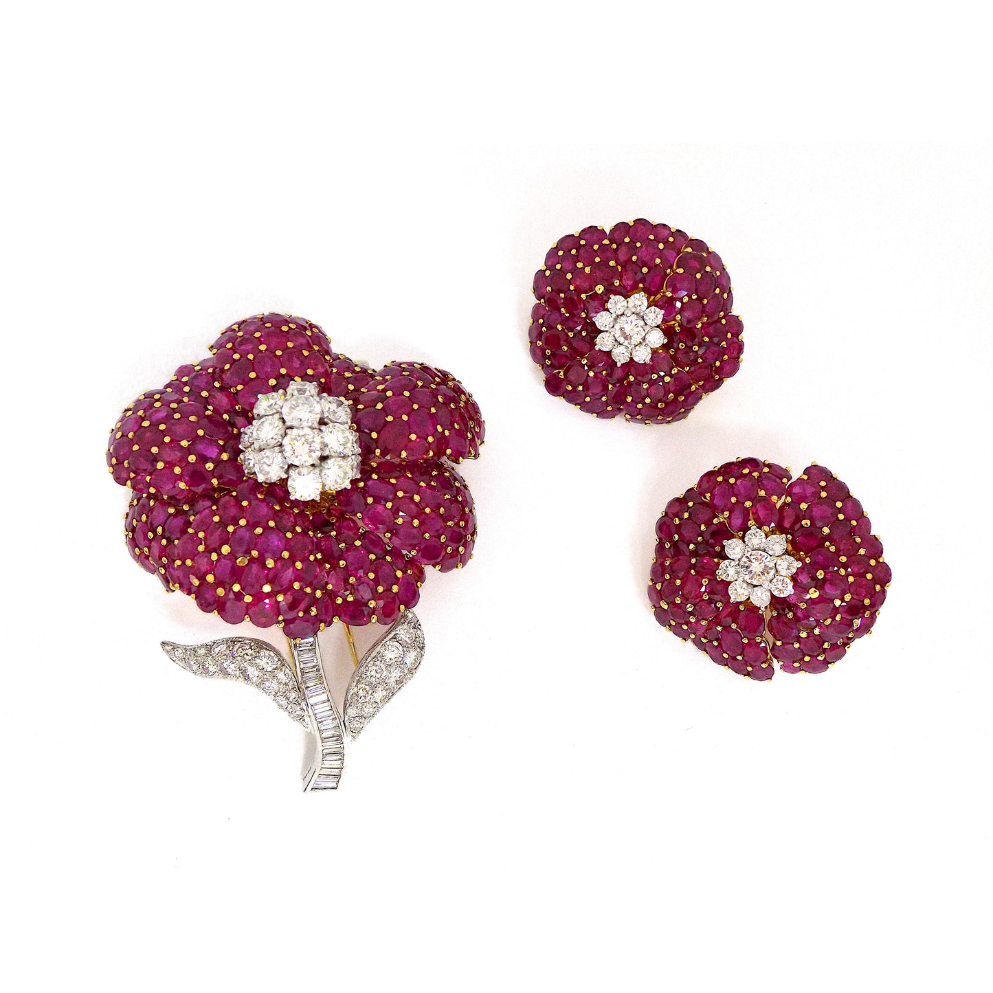 Burma Ruby Diamond Brooch and Earrings Set