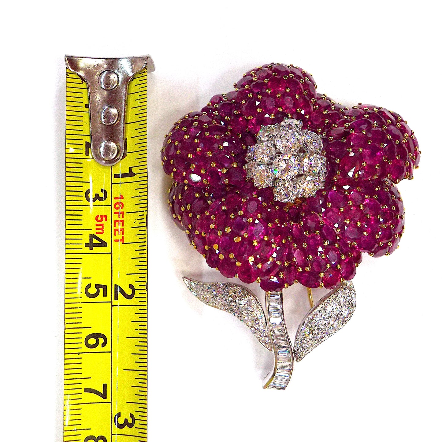 Burma Ruby Diamond Brooch and Earrings Set