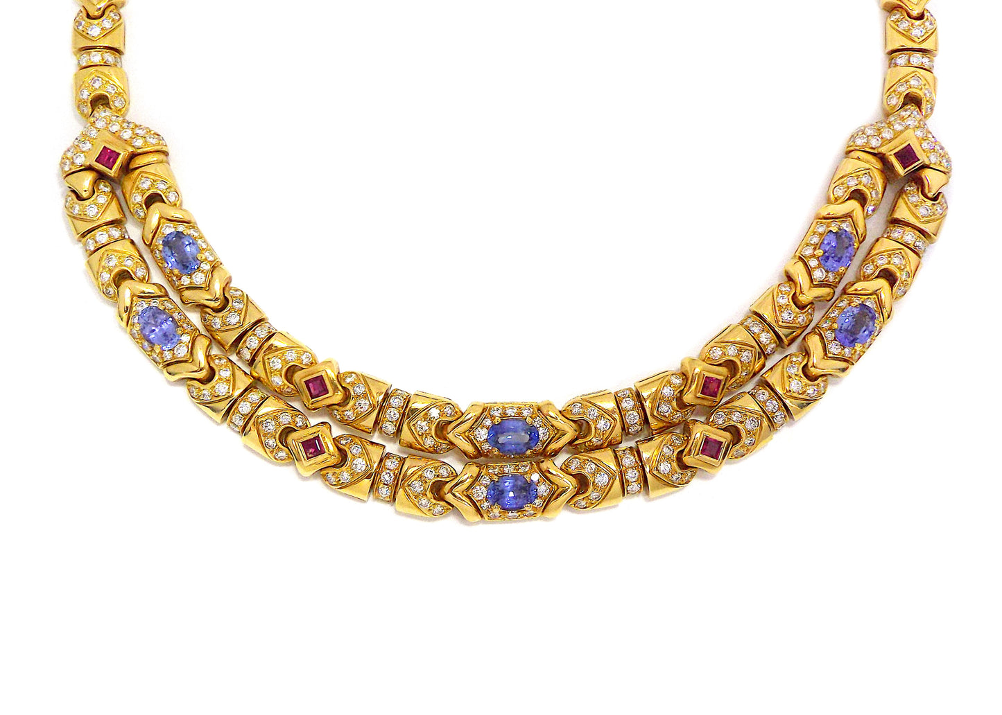 Bulgari Vintage Two Row 18K Gold Diamond Sapphire Choker Necklace