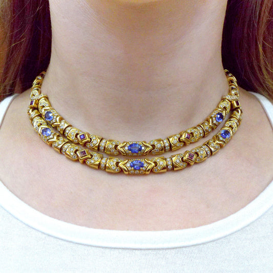 Bulgari Vintage Two Row 18K Gold Diamond Sapphire Choker Necklace