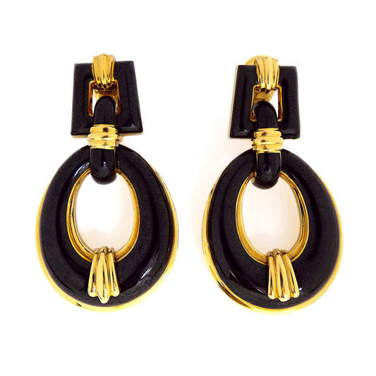 David Webb 18K Yellow Gold Black Enamel Pendant Door-Knocker Earrings