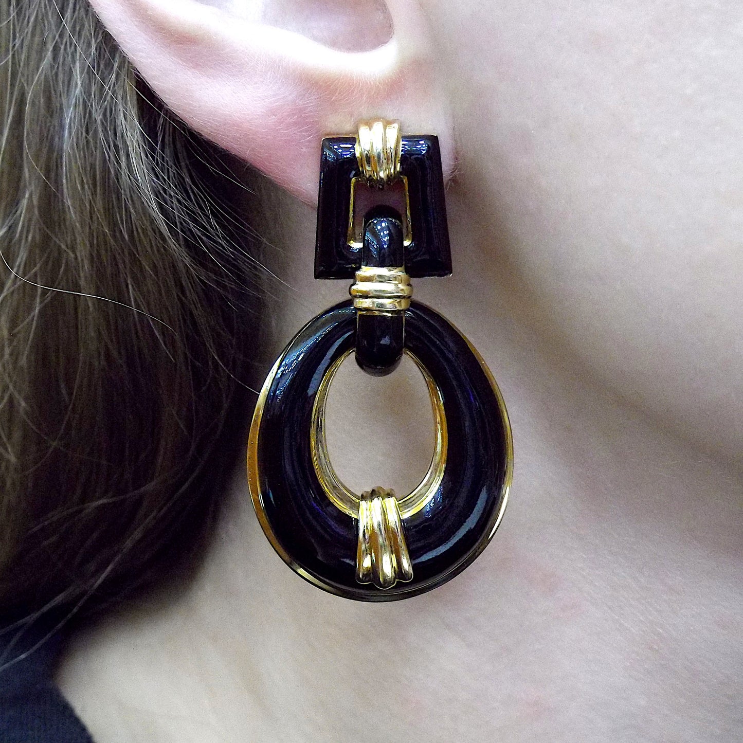 David Webb 18K Yellow Gold Black Enamel Pendant Door-Knocker Earrings