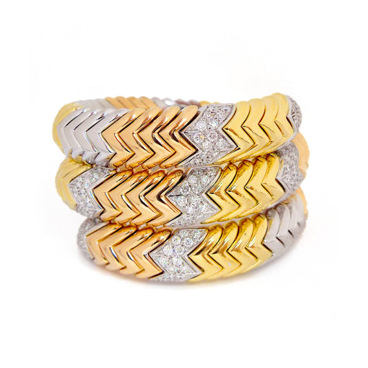 Bulgari Spiga Vintage Three Color Gold Diamond Serpenti Bracelet, Circa 1970s