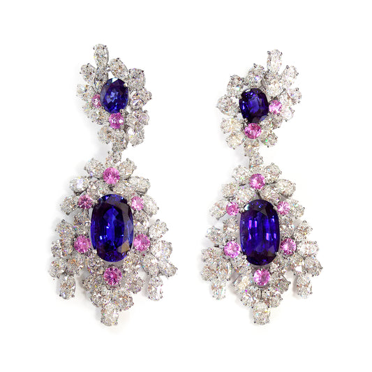 AGL Madagascar Sapphire Diamond Platinum Pendant Earrings