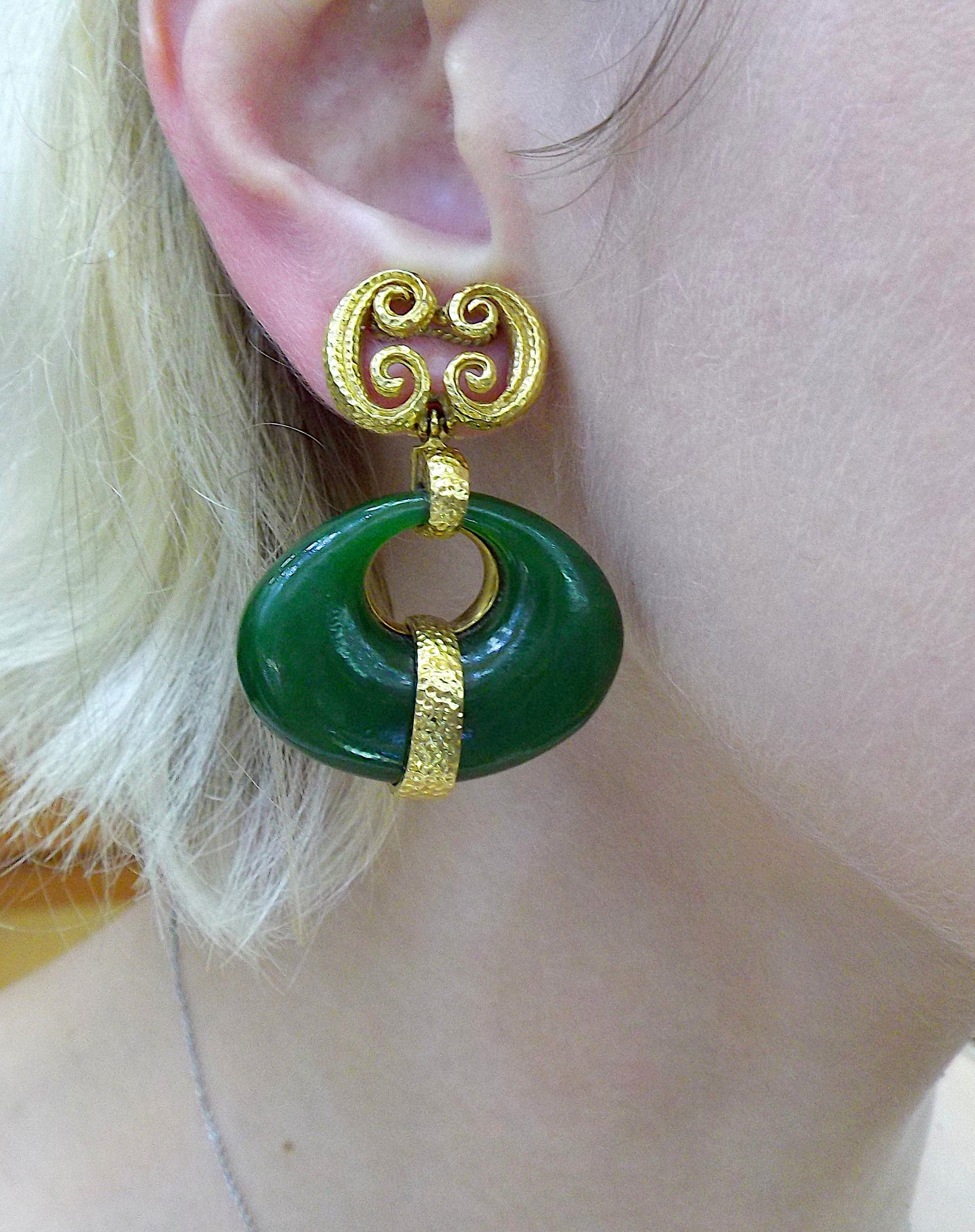 David Webb 18K Yellow Gold Jade Door Knocker Earrings