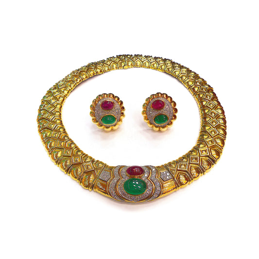 David Webb Gold Emerald Ruby Diamond Necklace and Earclips