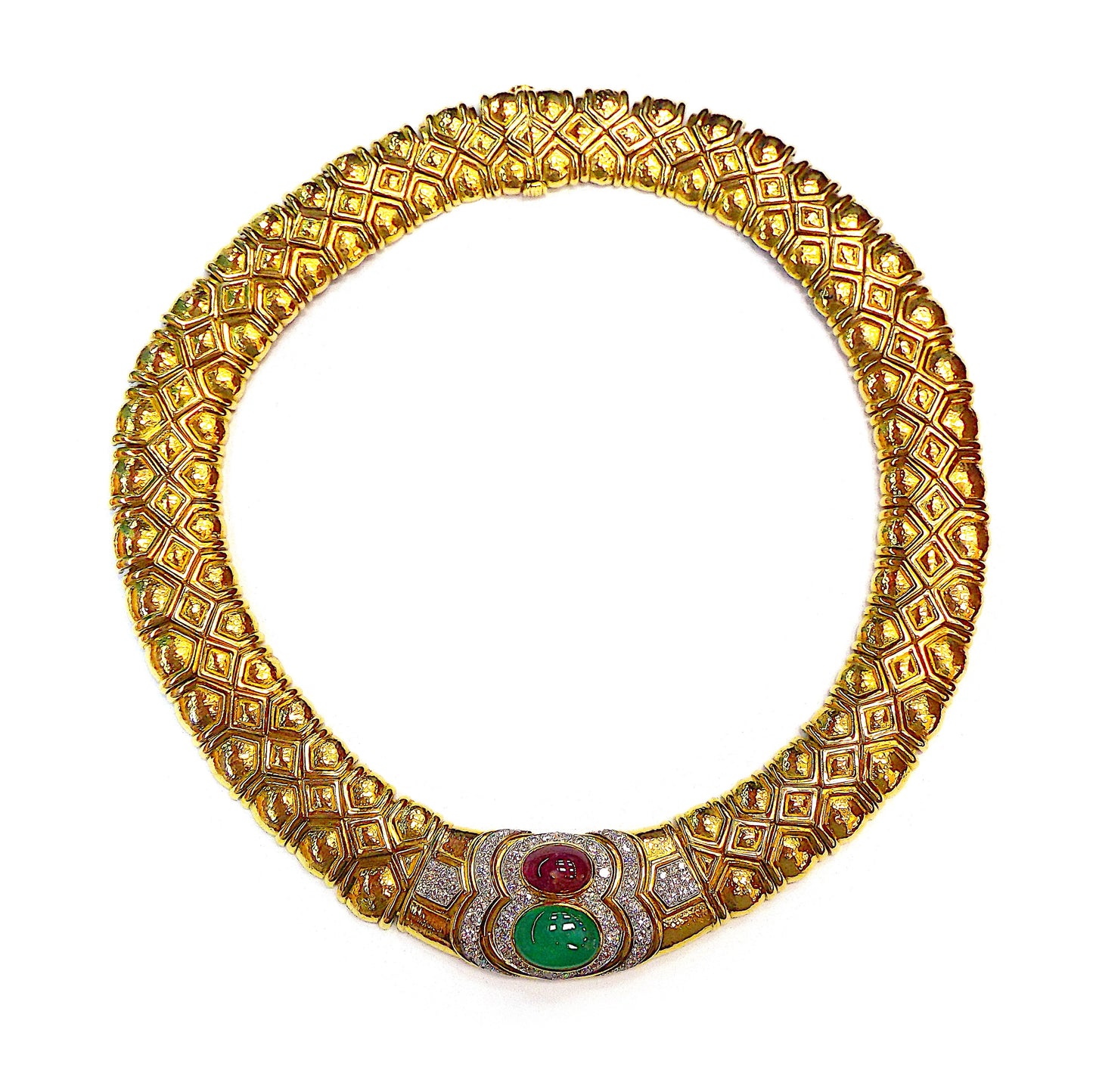 David Webb Gold Emerald Ruby Diamond Necklace and Earclips