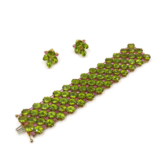 Paolo Costagli Wide Gold Peridot Pink Sapphire Bracelet and Pair of Earclips