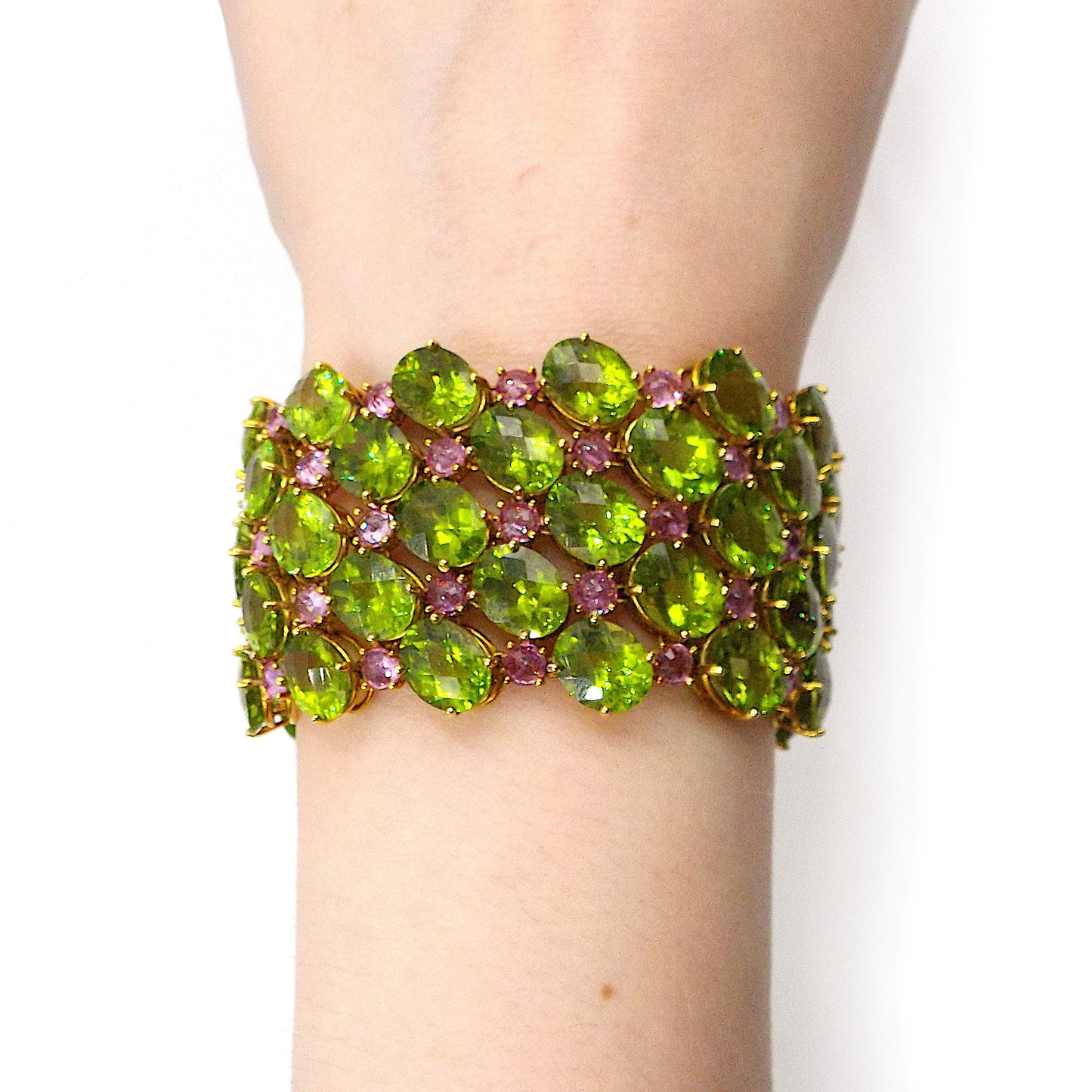 Paolo Costagli Wide Gold Peridot Pink Sapphire Bracelet and Pair of Earclips