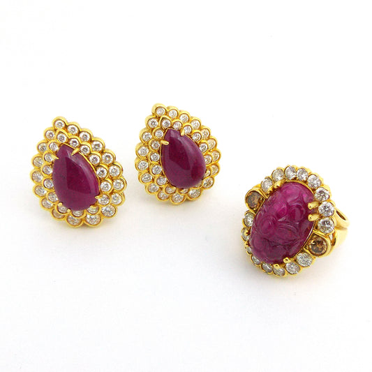 18K Gold Ruby Diamond Ring Earrings Set