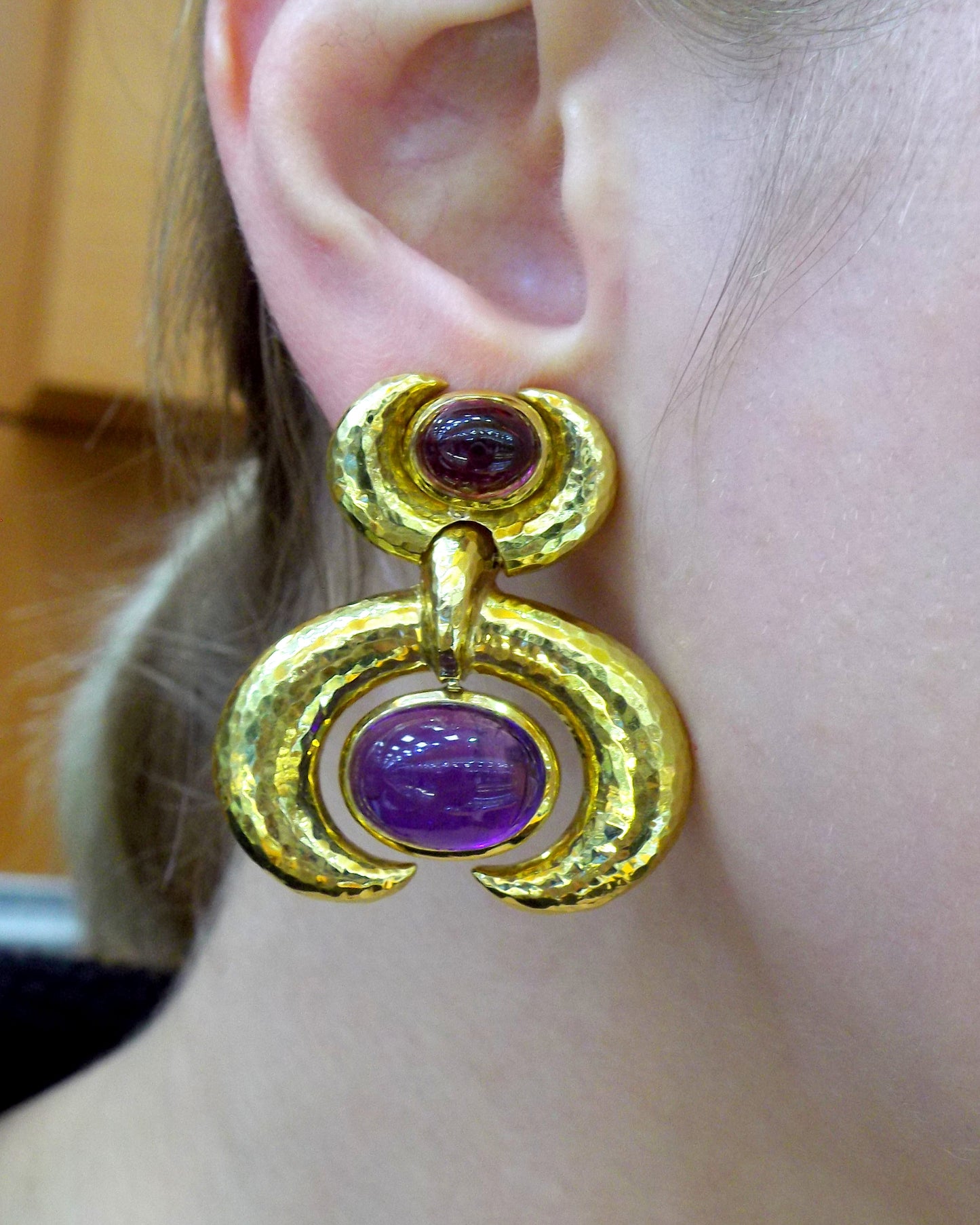 David Webb 18K Gold Amethyst Rubellite Crescent Earclips