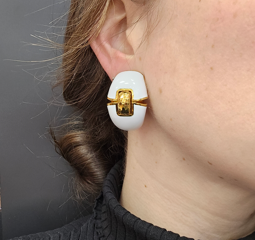 David Webb 18K Gold White Enamel Earclip Earrings