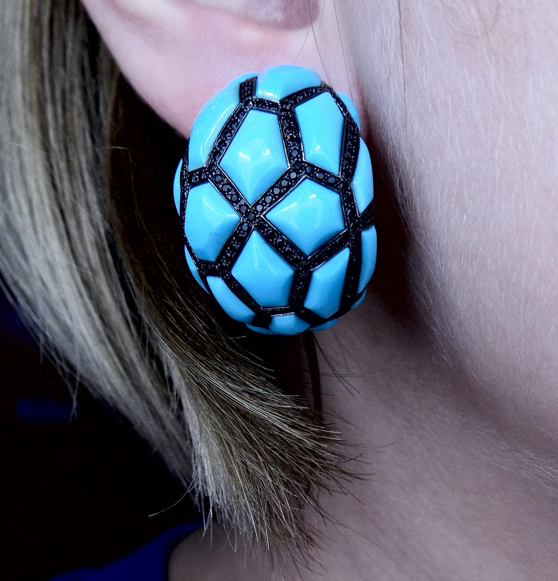 White and Blackened Gold Turquoise Black Diamond Earclips de Grisogono
